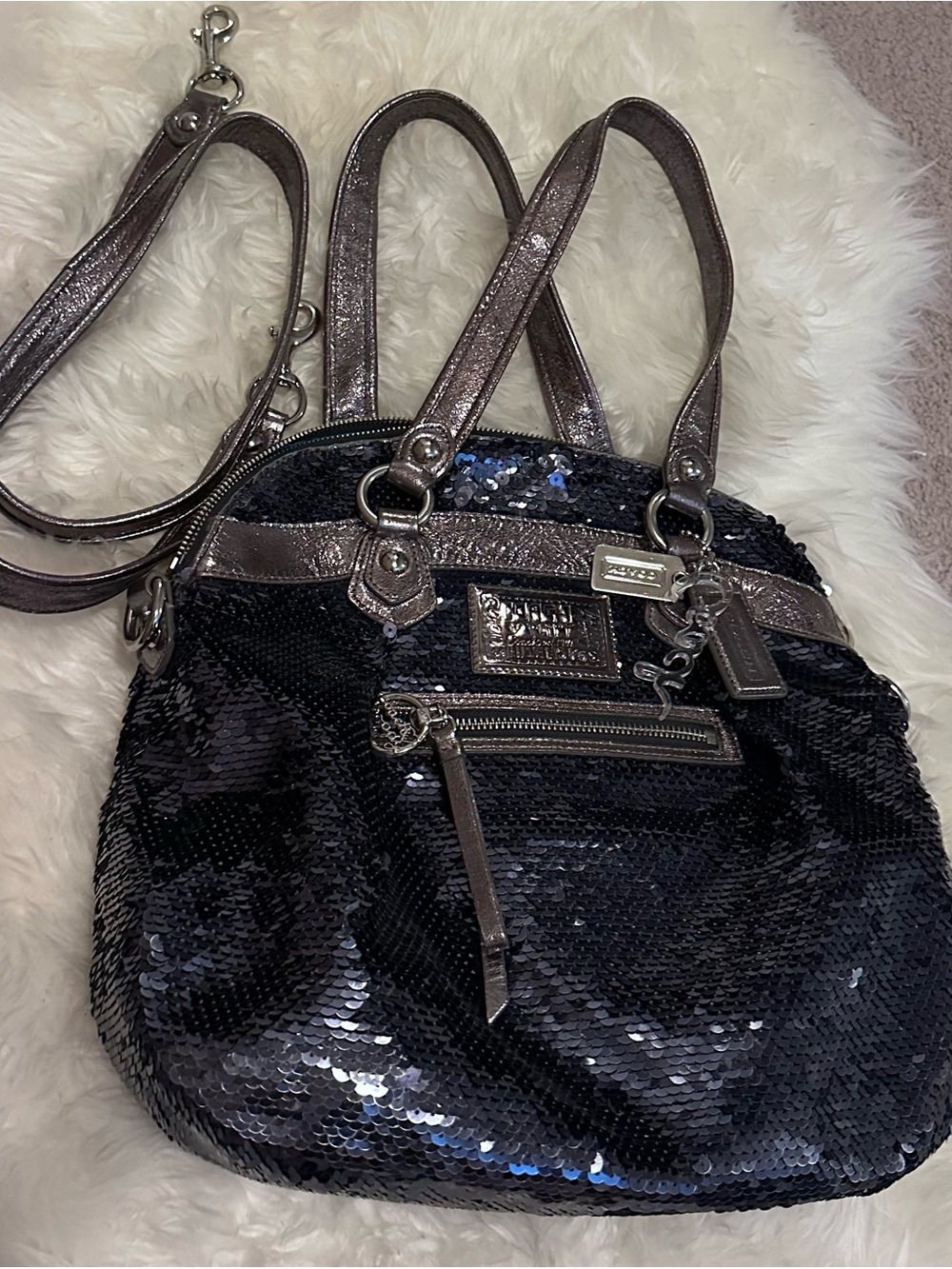 Coach Black Sequin Shoulder Bag with Metallic Gunmetal Trim